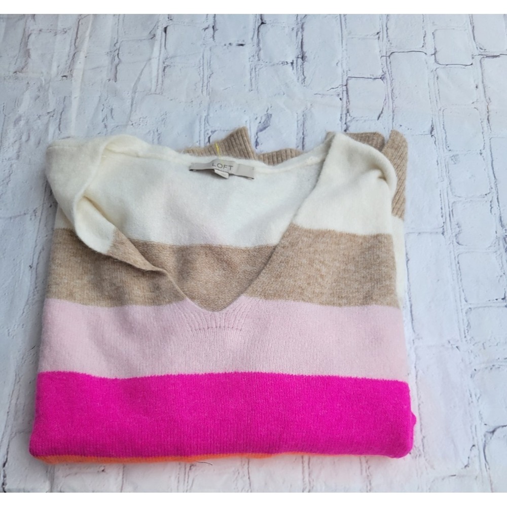 Loft Womens V-Neck Striped‎ Sweater Multicolor Pink Orange Cream Size L - Picture 6 of 7